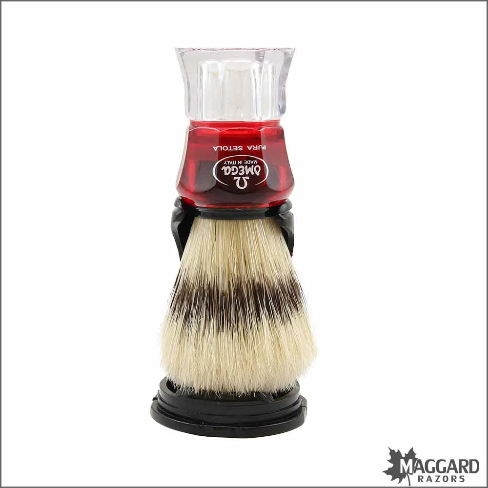 Omega Model 81052 Clear and Red Acrylic Handle Boar Brush with Stand, 24mm