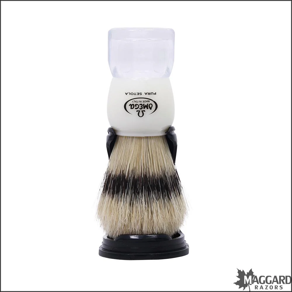 Omega Model 81054 Clear and Ivory Acrylic Handle Boar Shaving Brush with Stand, 20mm