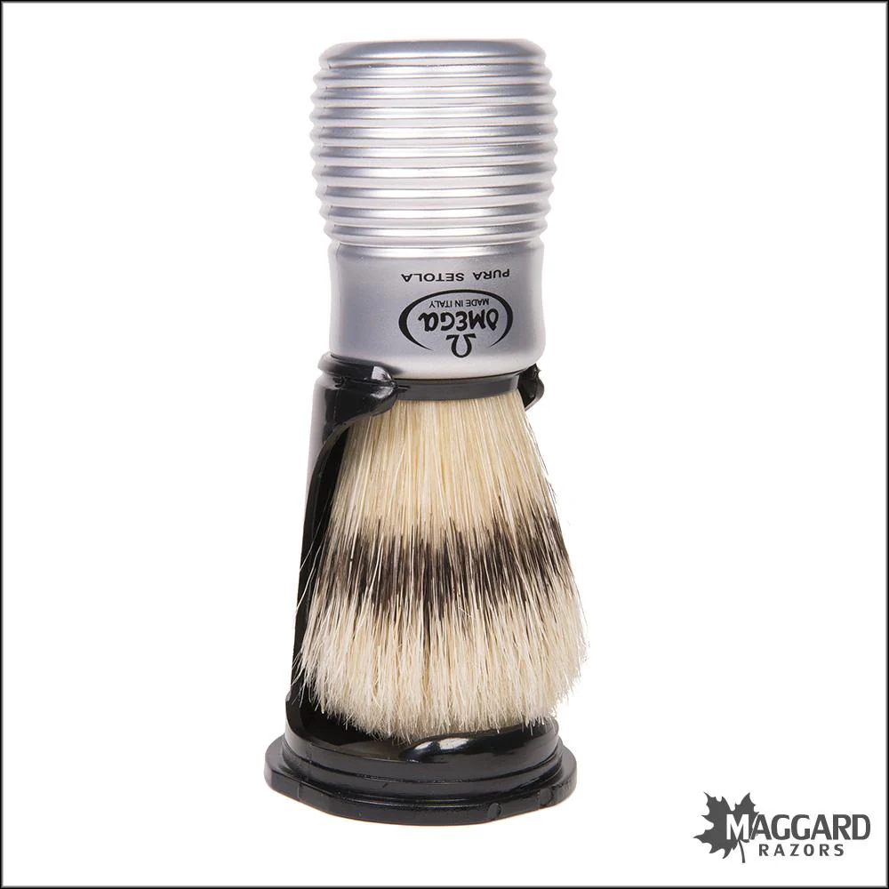 Omega Model 81230 Matte Silver Beehive Handle Boar Shaving Brush with Stand, 24mm