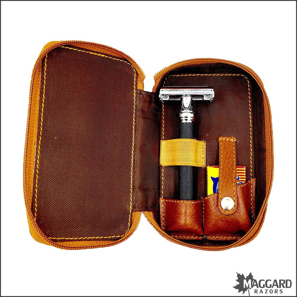 Parker Genuine Leather Safety Razor and Blade Case, Saddle Brown - Image 3