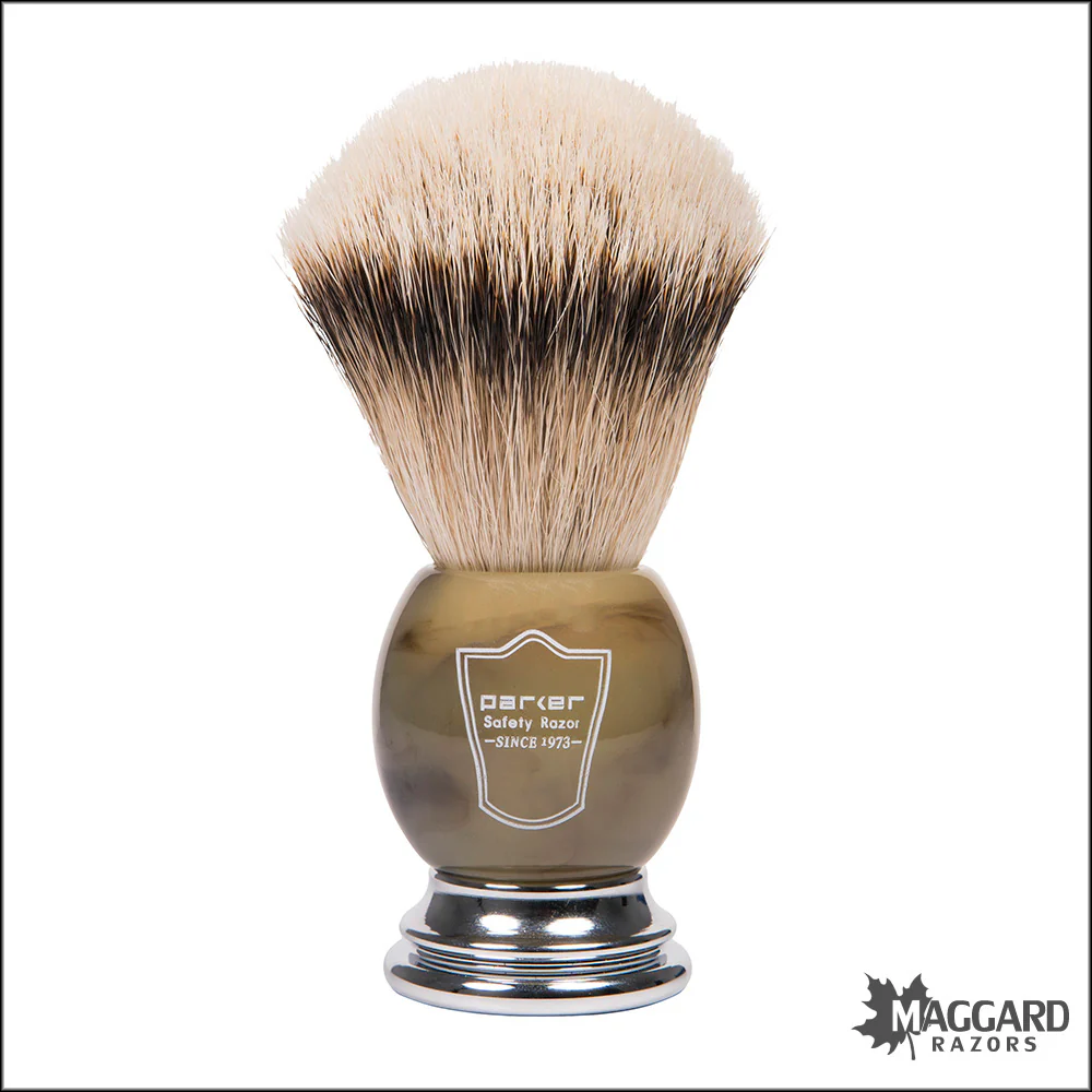 Parker HHST Faux Horn Handle Silver Tip Shaving Brush with Stand, 22mm - Image 2