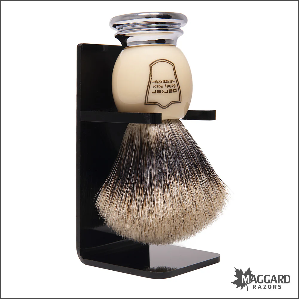Parker WCPB Pure Badger Shaving Brush with Stand - White Resin Handle with Chrome Base, 22mm - Image 2
