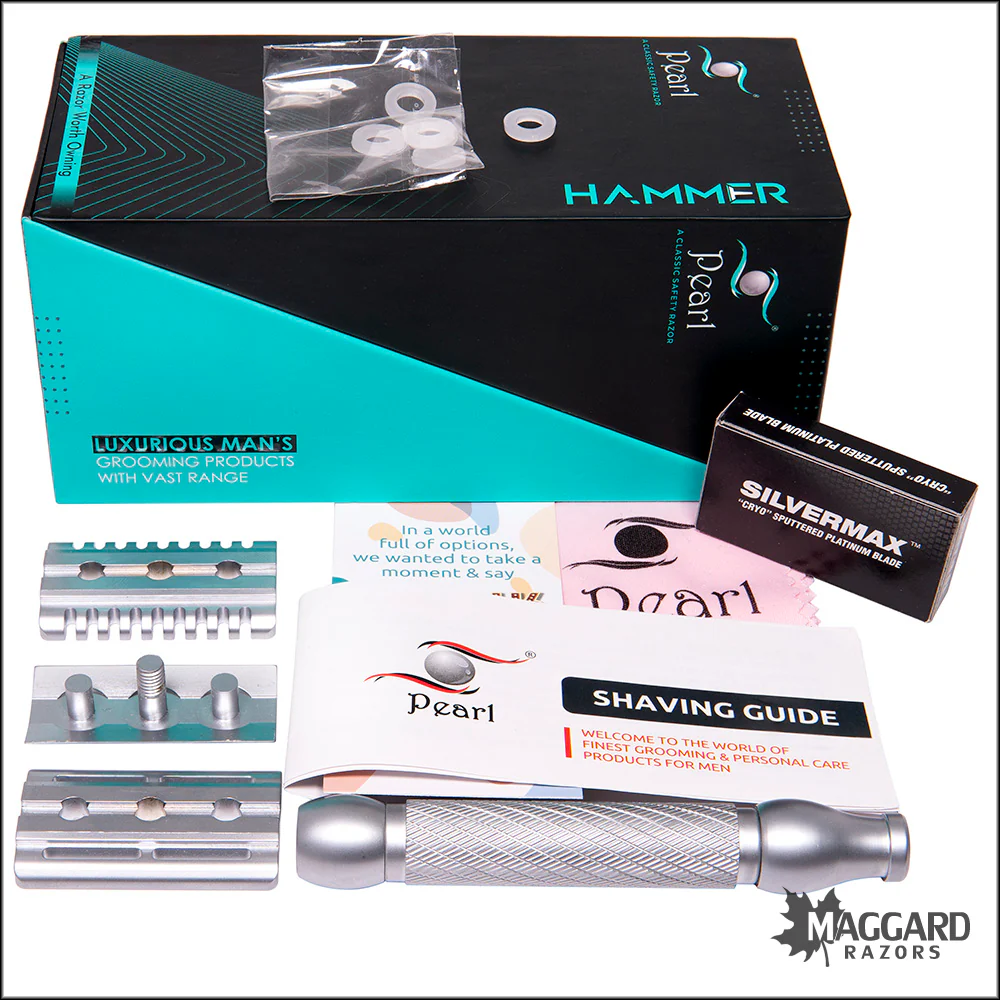 Pearl Shaving Hammer DE Safety Razor - Includes Closed and Open Comb Baseplates - Matte Finish - Image 4