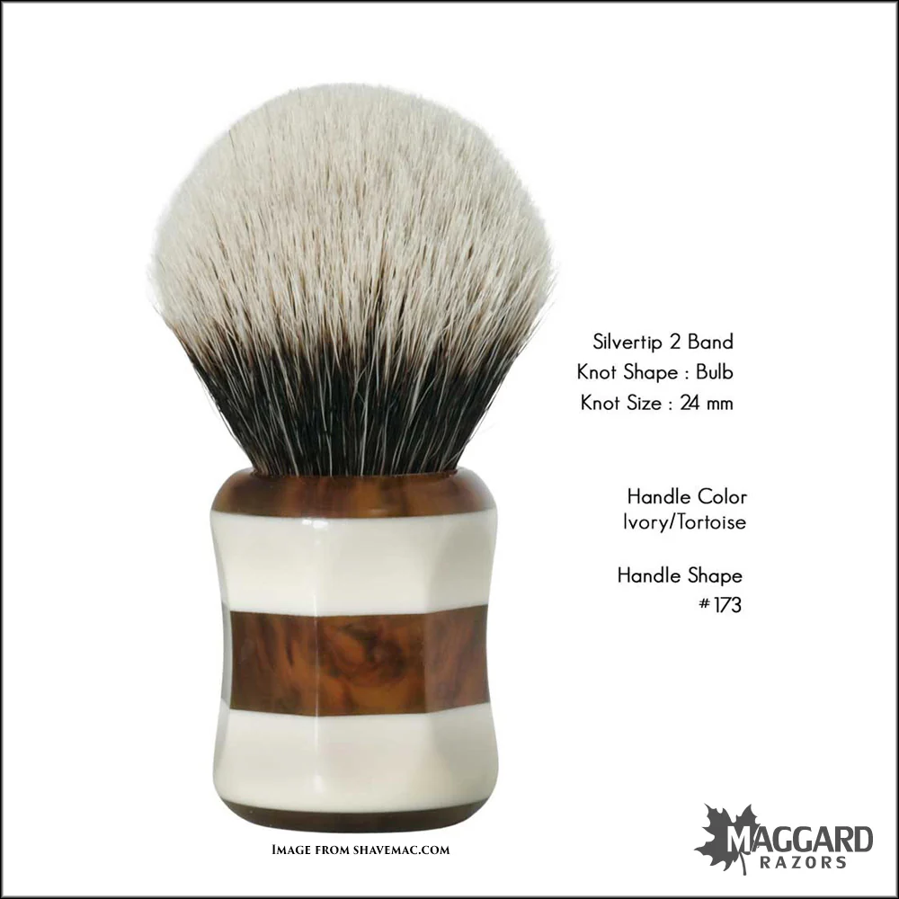 Shavemac 173-818-362-2B Ivory and Tortoise Handle Silvertip 2-Band Badger Shaving Brush, 24mm Bulb - Image 2