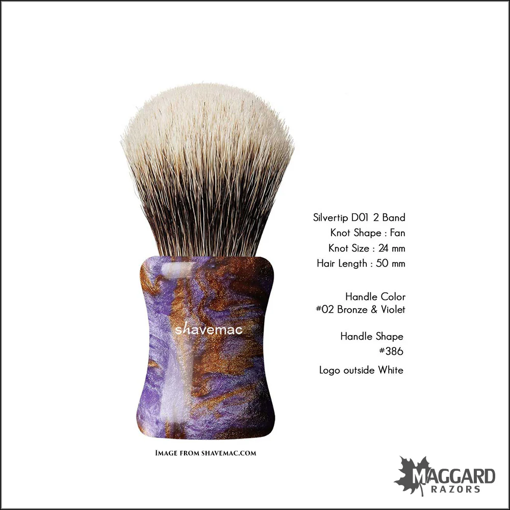 Shavemac 386-002-D01-2B-F Violet and Bronze Handle Silvertip D01 2-Band Badger Shaving Brush, 24mm Fan - Image 3