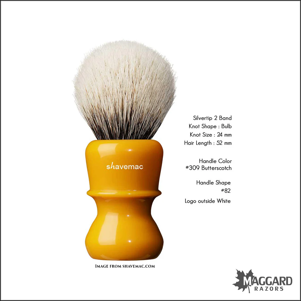Shavemac 82-309-2B-B Butterscotch Handle Silvertip 2-Band Badger Shaving Brush, 24mm Bulb - Image 2