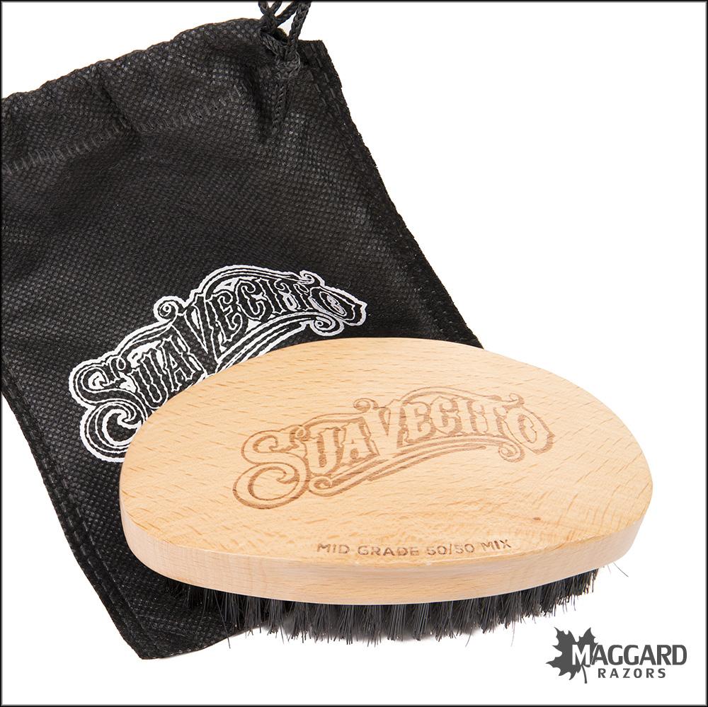 Suavecito Beard Brush - Natural Wood Finish 50/50 Mix Boar and Nylon Hair Beard Brush with Drawstring Bag - Image 3